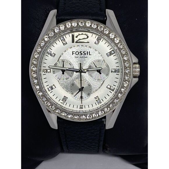 Fossil ES2203 Women's Black Leather Analog Silver Dial Quartz Wrist Watch EY731 - Picture 2 of 12